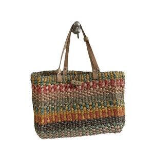 EUC SAZABY Straw Woven Colorful Shoulder Tote Leather Straps Purse Bag 14” X 9”